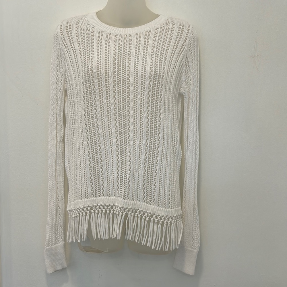 Cotton by Autumn Cashmere White Open Knit Sweater with Fringe in Size XS